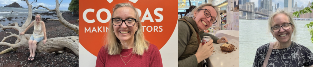A collage of four photos featuring Amanda Hestwood, the new COMPAS Arts Program Director, a smiling woman with glasses and light-colored hair in different settings. In the first photo, she is sitting on a large piece of driftwood on a rocky beach, wearing a sleeveless top and shorts. The second photo shows her in front of an orange and white COMPAS sign, wearing a red sweater and glasses. In the third photo, she is at a café, wearing a green vest and holding a Diet Coke can while grinning next to a pastry. The fourth photo features her standing near the waterfront with the New York City skyline and Brooklyn Bridge in the background, wearing a patterned top and glasses."